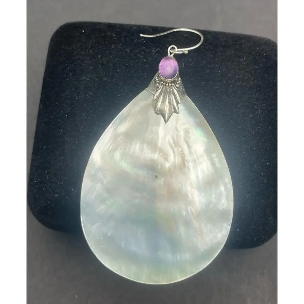 Mother of Pearl Purple Jade Gemstone Earrings MOP 925 French Wire Hook 2.4